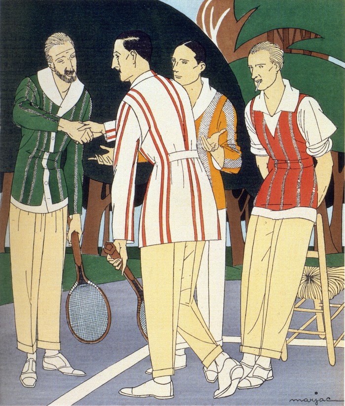 1920s, posh men at the tennis court, tennis playing clothes, holding rackets, two men shaking hands, illustration