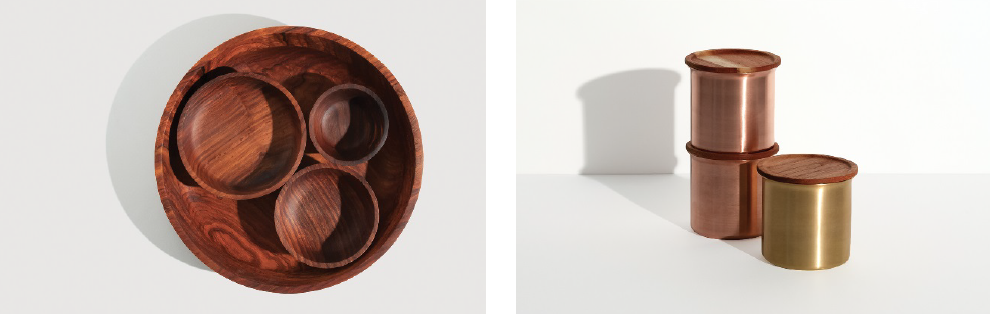 Seva or to serve in Sanskrit (left) is a turned rosewood platter with different sized bowls inspired by the concentric Indian Anjarapetti, Masala Dabba or spice box. Ayasa ( right) are stackable spun brass and copper containers, with lids made from Ayurvedic Neem wood that is antibacterial.