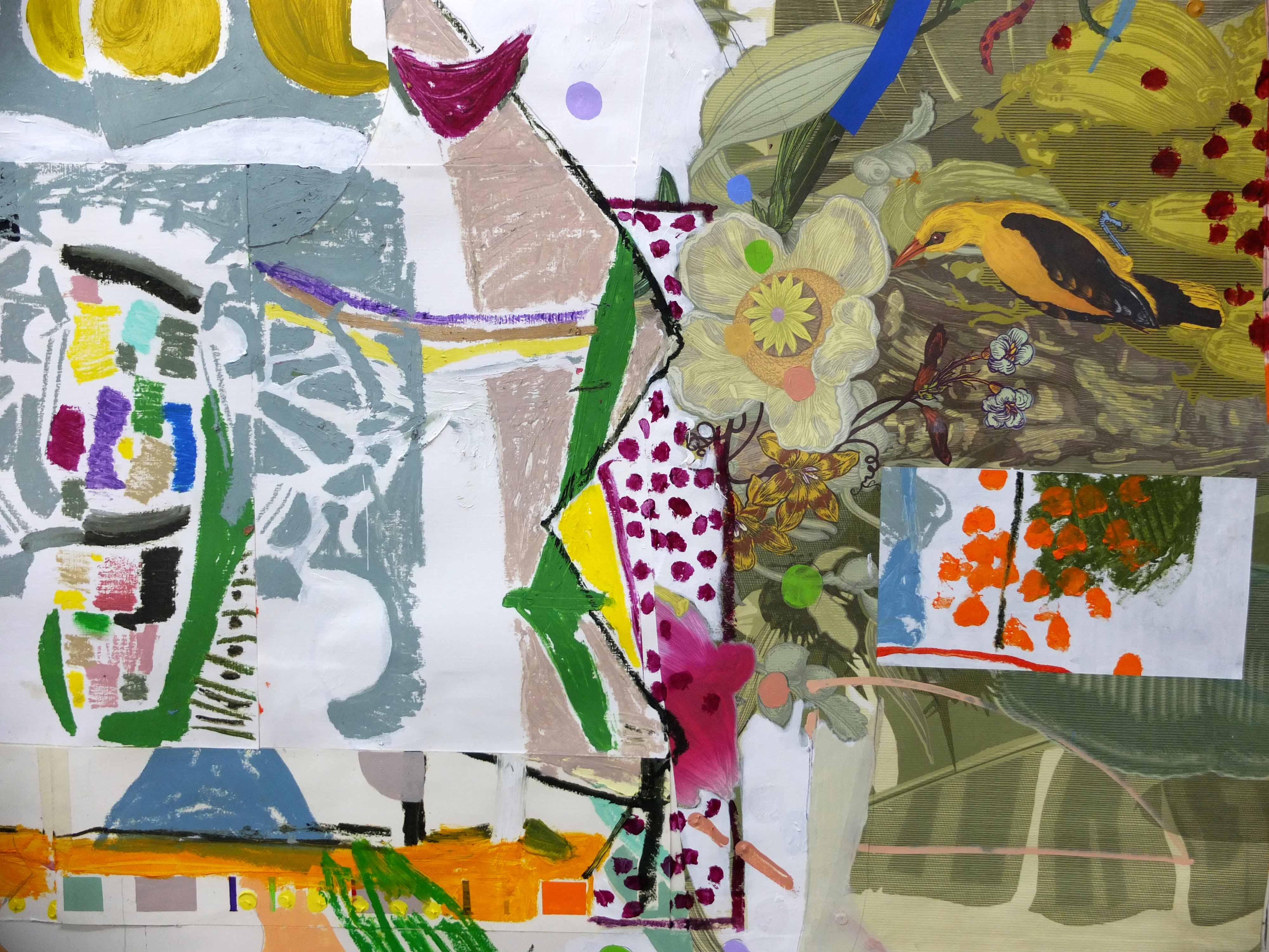 Birdsong, 2014 (detail 1) By Jonathan McCree Acrylic, oil and oil stick on collaged Timorous Beasties wallpaper