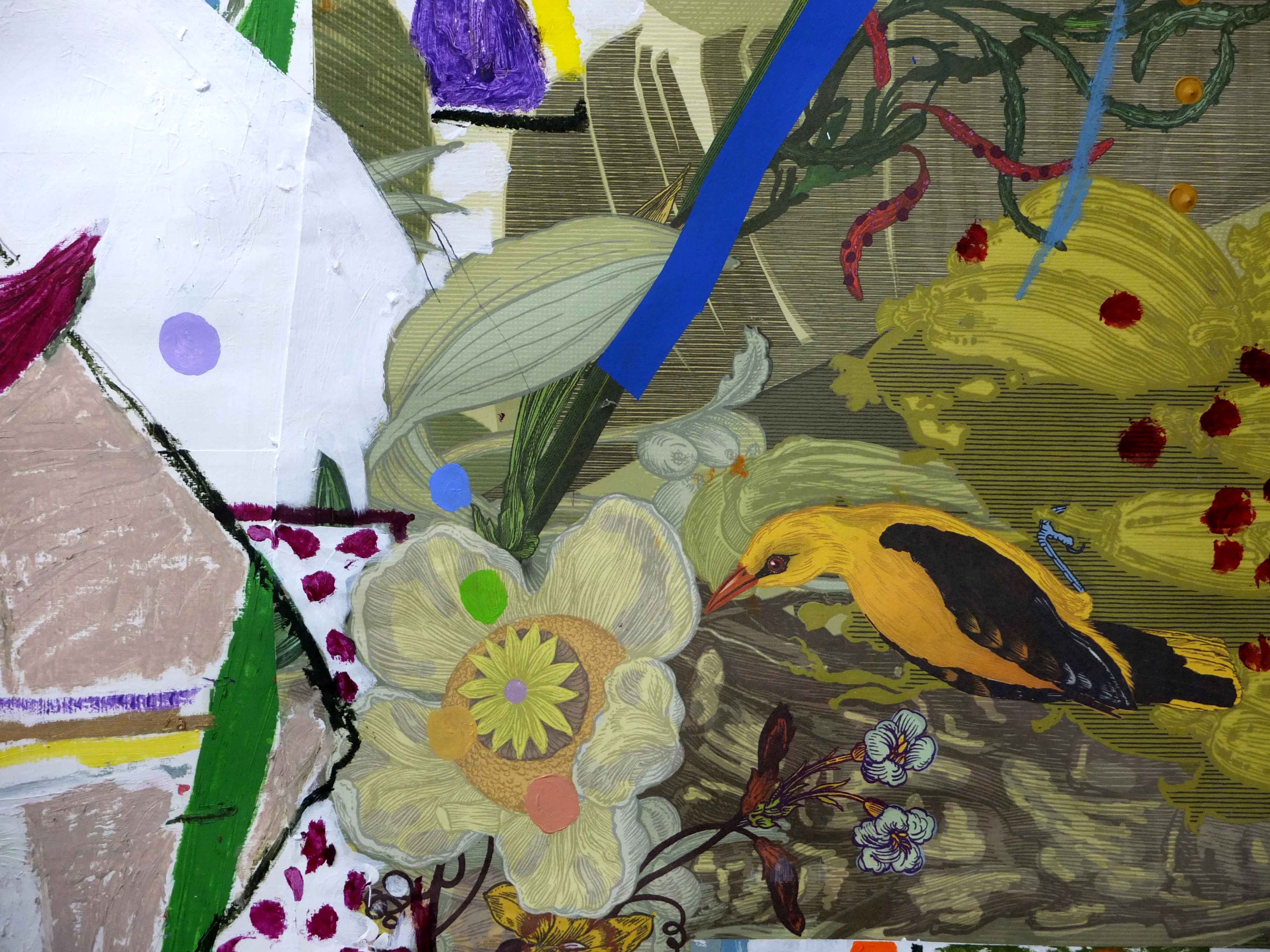 Birdsong, 2014 (detail 2) By Jonathan McCree Acrylic, oil and oil stick on collaged Timorous Beasties wallpaper
