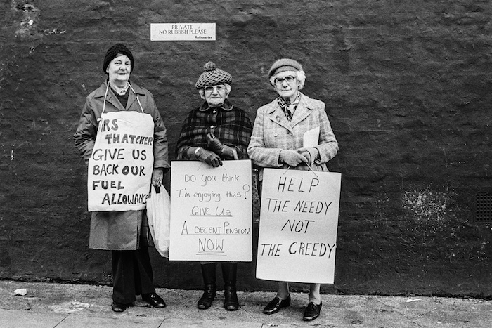 Pensioners protesting outside Thatcher's home, 1980