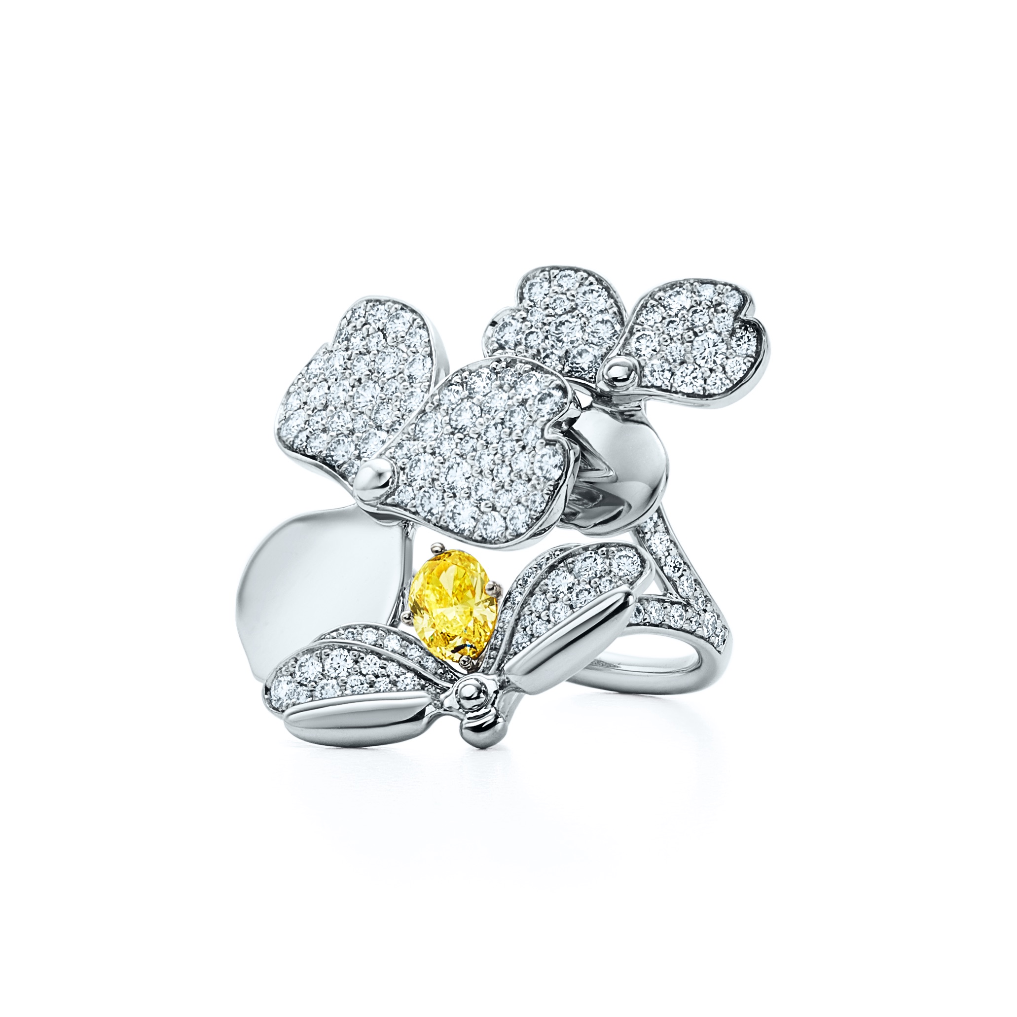 TPF Firefly ring in platinum with white diamonds and a yellow diamond