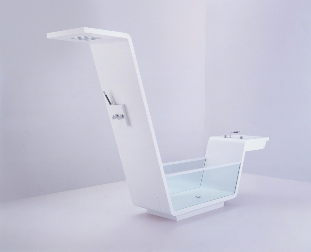 A glass bath connected by a floating basin and shower