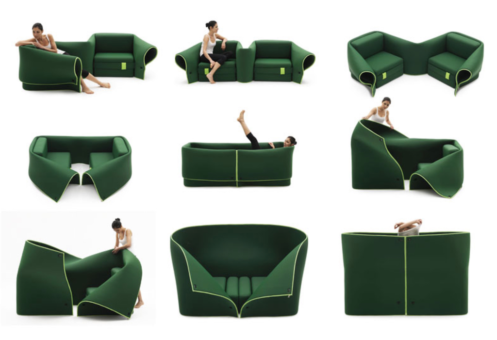 a green sofa with a lady folding it into different uses
