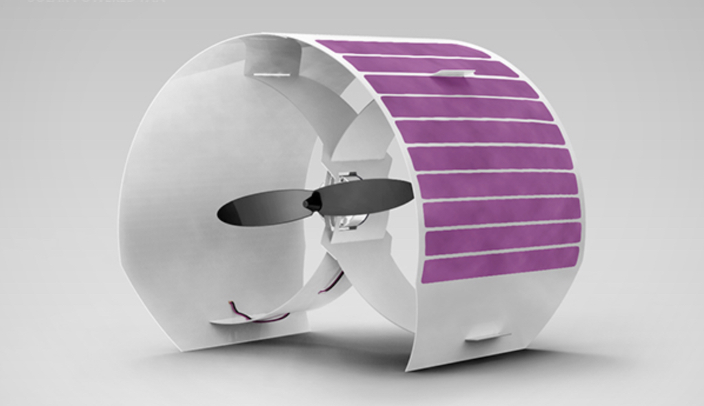 A small oval solar panel fan with pink strips