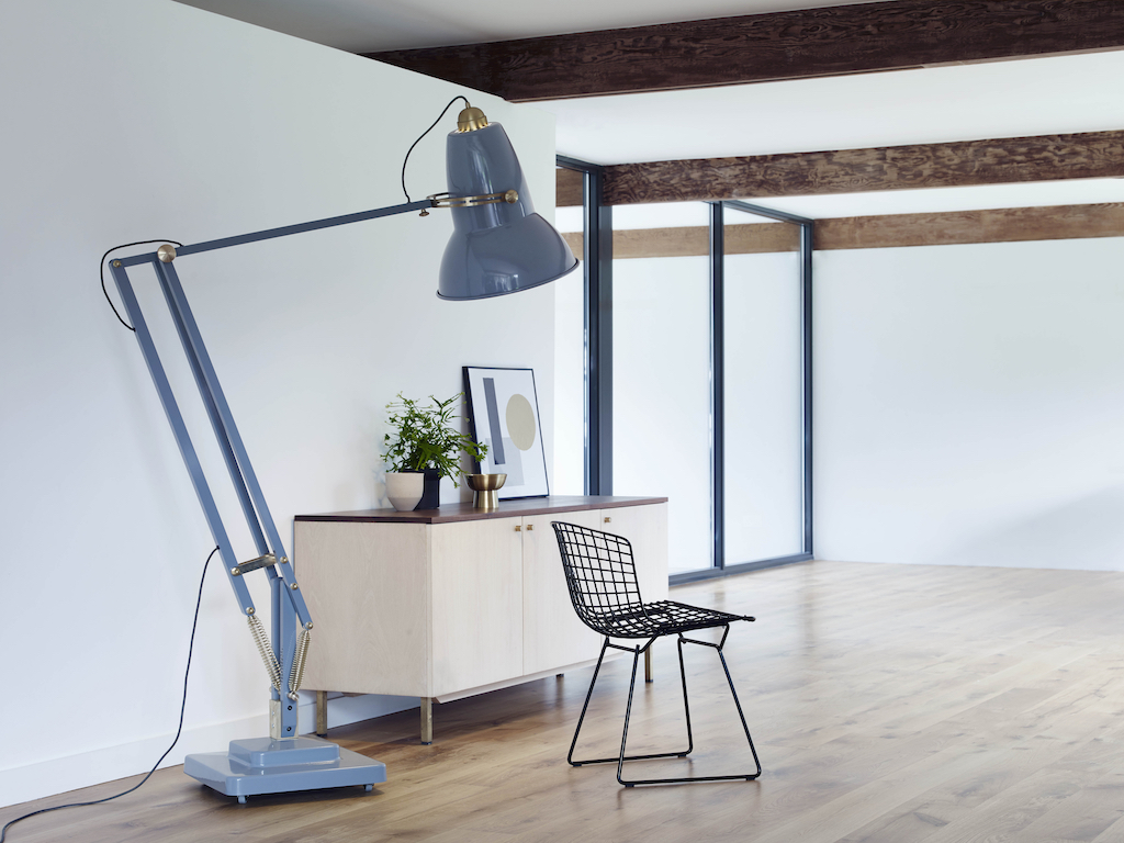 duck blue Giant Anglepoise floor lamp in a open plan space