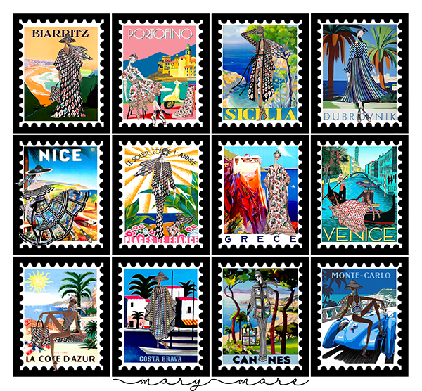 A collage of 12 stamps with women in the Mary-Mare collection, in different locations 