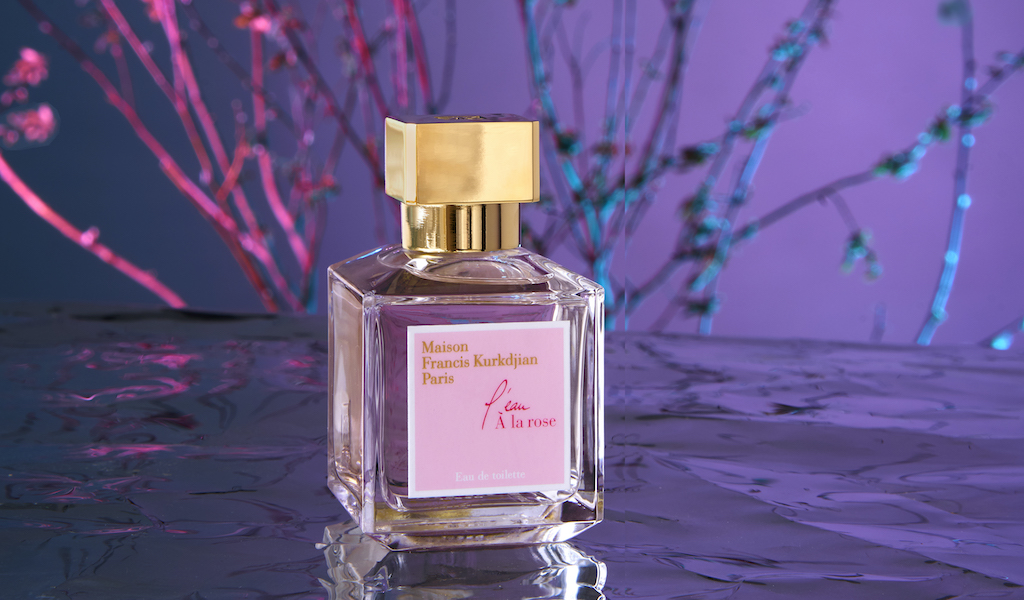 Maison Francis Kurkdjian's rose collection perfume bottle with gold leaves